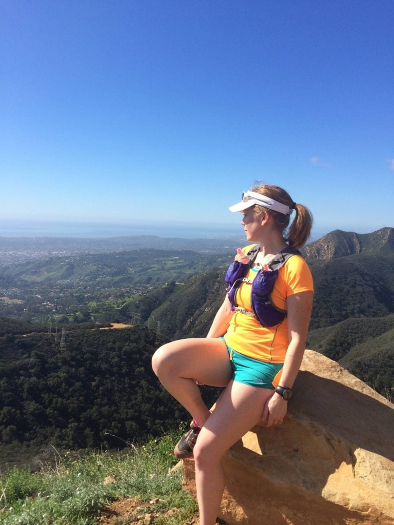 Admiring the views in the hills above Santa Barbara, California, wearing The North Face better than naked T-shirt and shorts.