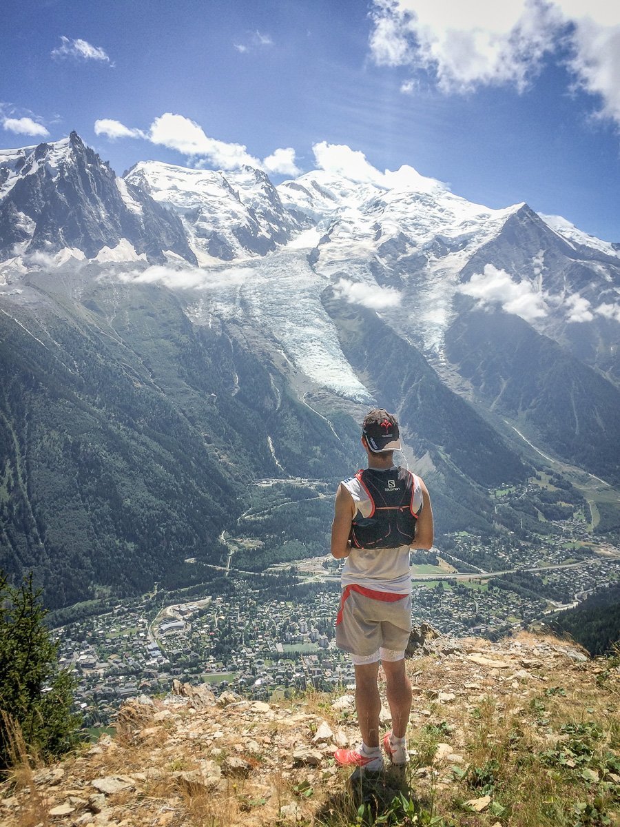 That's me, taking a moment to admire the view at the half way point along the Vertical Kilometer route in Chamonix