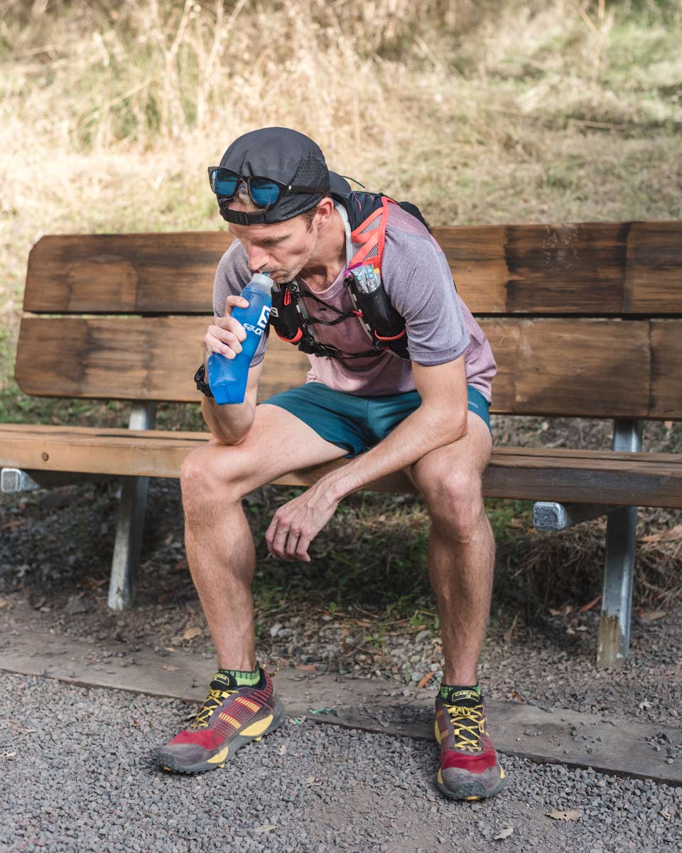 Alastair rehydrating with Drip Drop Electrolytes Is trail running dangerous trail and kale