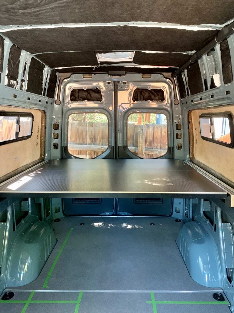 flarespace flares and bed in 144 sprinter van conversion 3 trail and kale