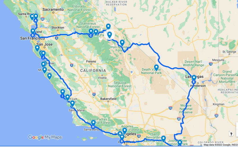california road trip itinerary 2 weeks
