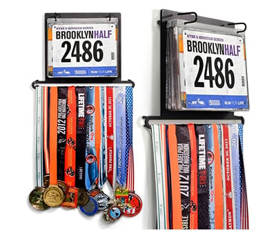 race bib and medal display