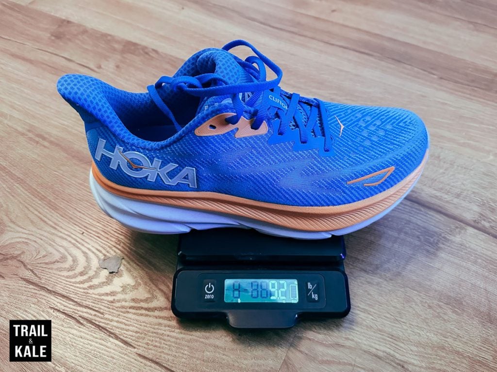 HOKA Clifton 9 weight for size USM9 by Trail and Kale web wm Lifestyle photo 1