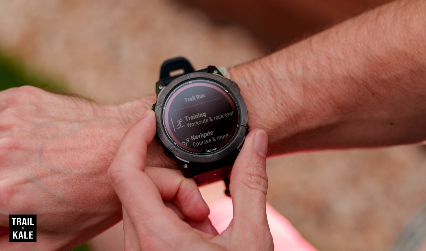 Selecting workout features on the Garmin Fenix 7X Pro, including recommended running workouts, race tools and course navigation options.