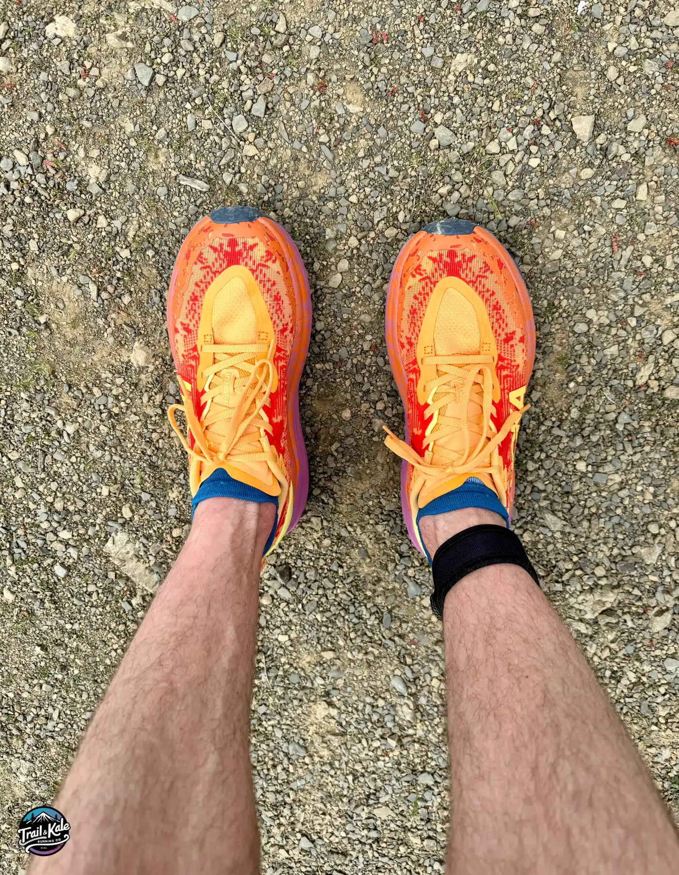 How the Hoka Speedgoat 6 looks on my feet, and if you're wondering what the ankle band is, it's my Para'kito mosquito repeller